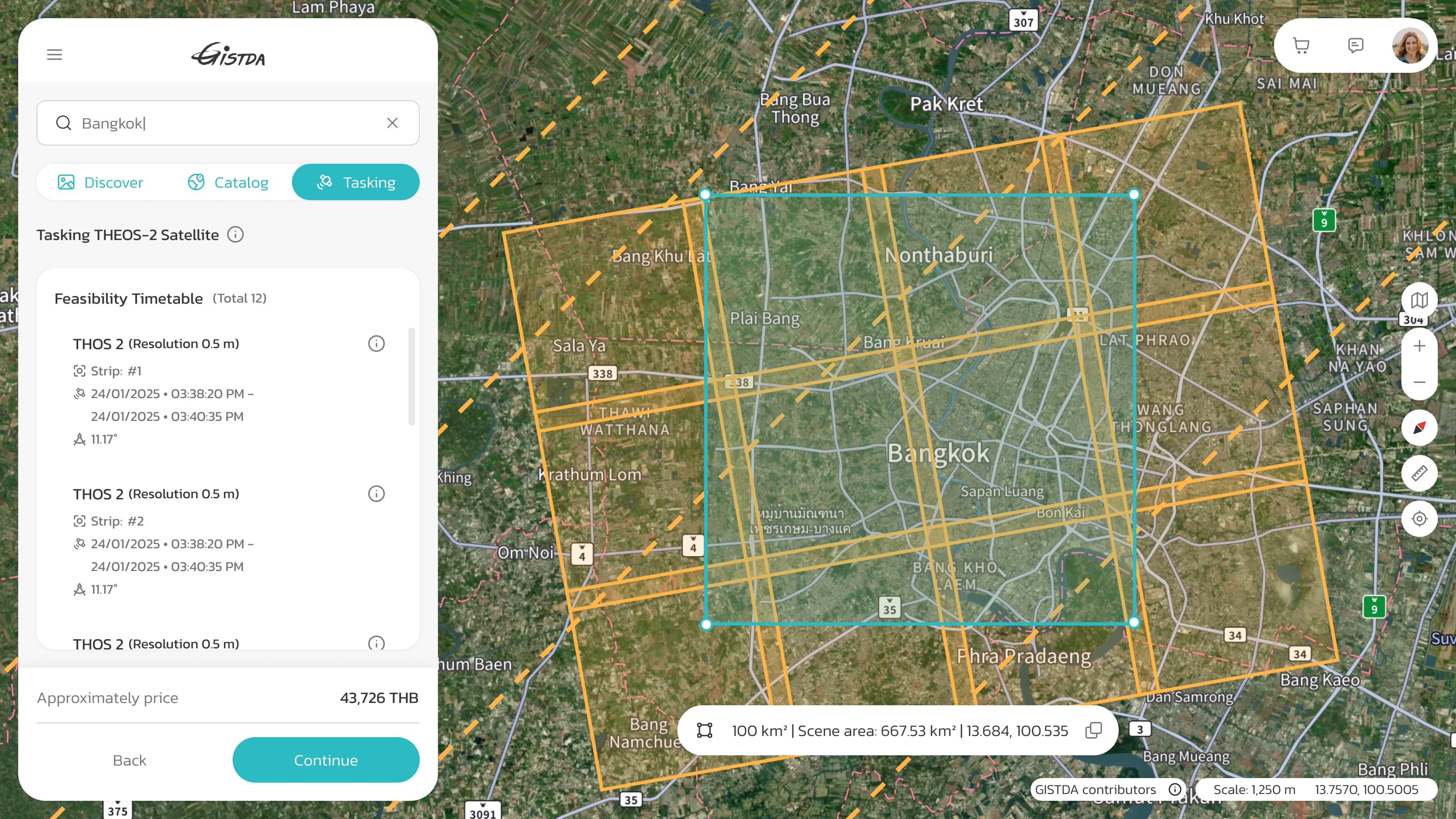 The AWAGAD tasking interface: a THEOS-2 acquisition drawn over a map of Bangkok, beside its feasibility timetable and price.