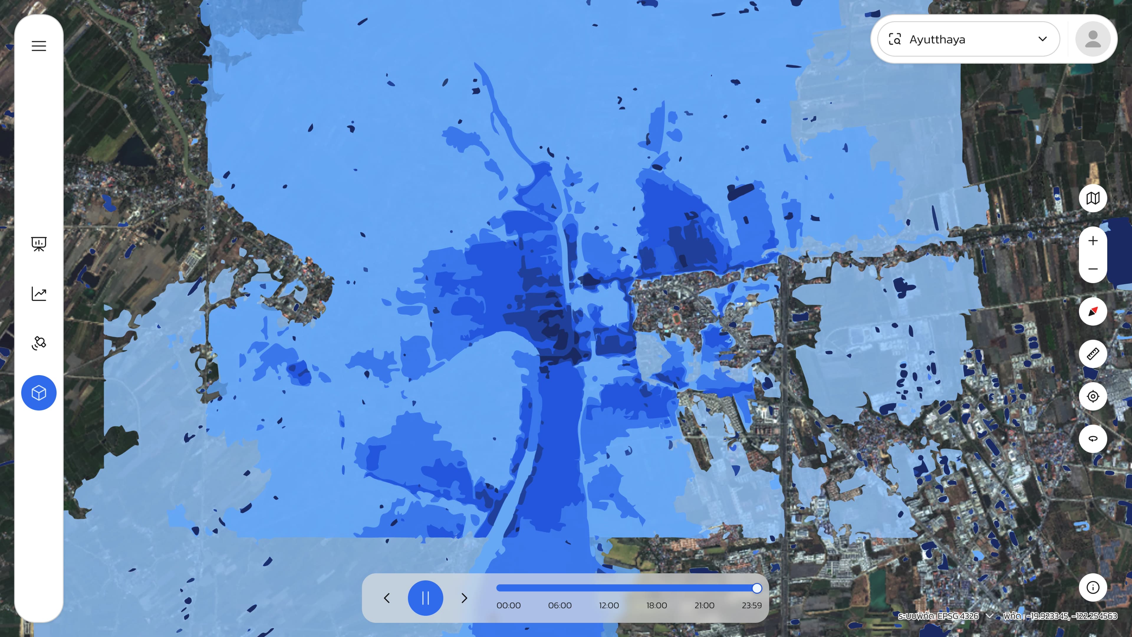 The disaster platform: a flood-extent layer drawn over satellite imagery, with a time slider beneath it.