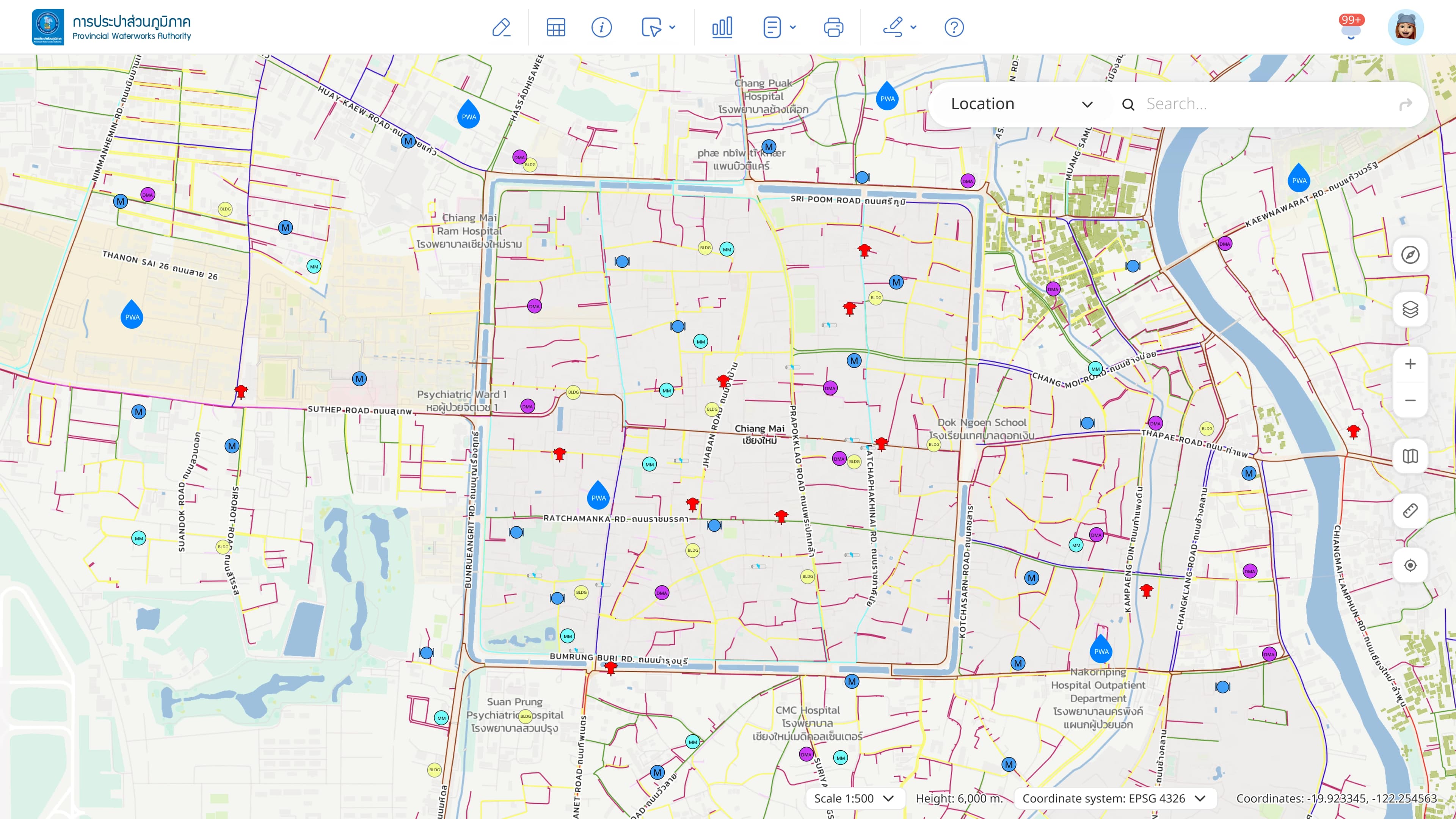 The Provincial Waterworks Authority map view: the distribution network and asset markers drawn over a city base map.